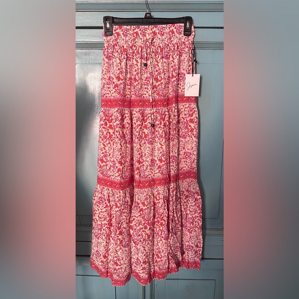 Japna Pink and Cream Printed Tiered Maxi Skirt